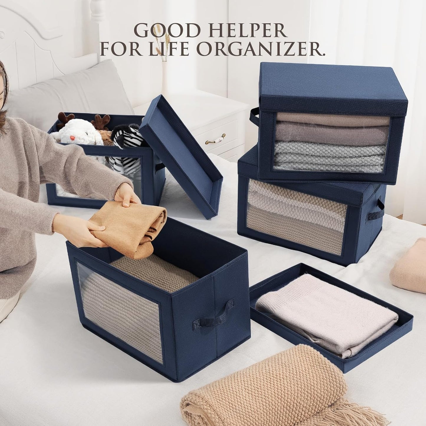 Stackable Storage Bins with Lids - Medium Storage Box with Lids, Foldable Closet Boxes for Organizing, Wardrobe Clothes Organizer with Window, Cubes Bins for Living Room, 5 Pack, Navy Blue