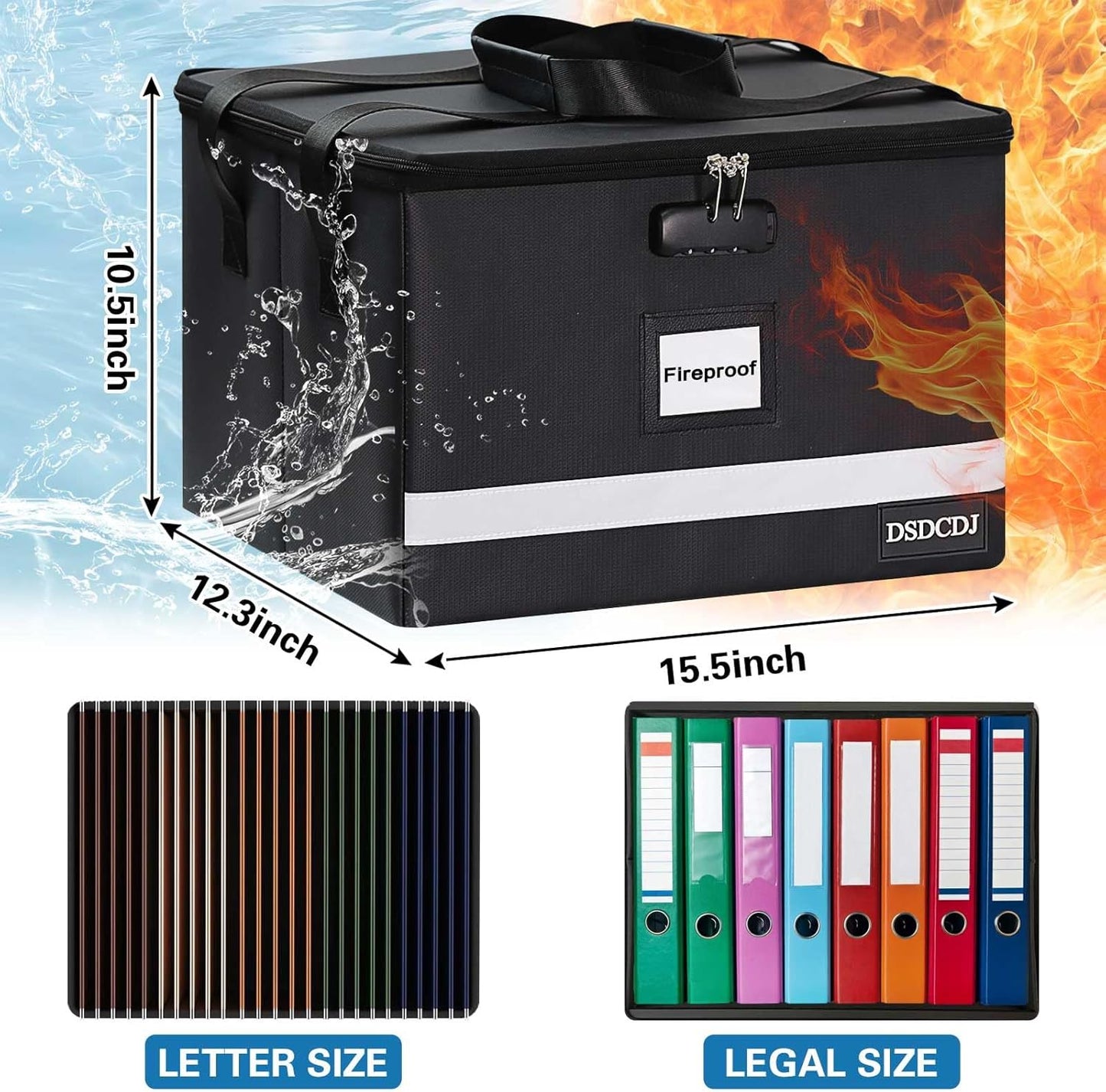 Fireproof File Box with Lock, Upgraded Fireproof Document Box with Reflective Strip, Portable File Organizer Filing Cabinet with Handle for Hanging Letter/Legal Folder, 15.5" x 12.3" x 10.5"