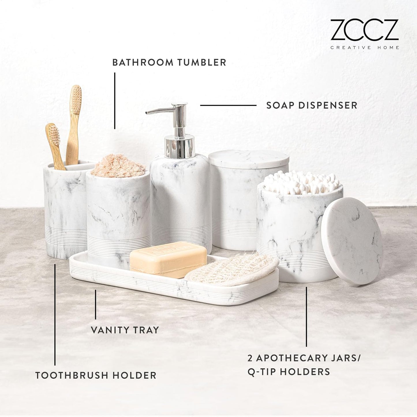 ZCCZ White Marble Bathroom Accessories Set 6 Pieces - Toothbrush Holder, Lotion Dispenser, Qtip Container, Vanity Tray, Tumbler - Countertop Organizer for Bathrooms - Elegant and Functional Décor Set