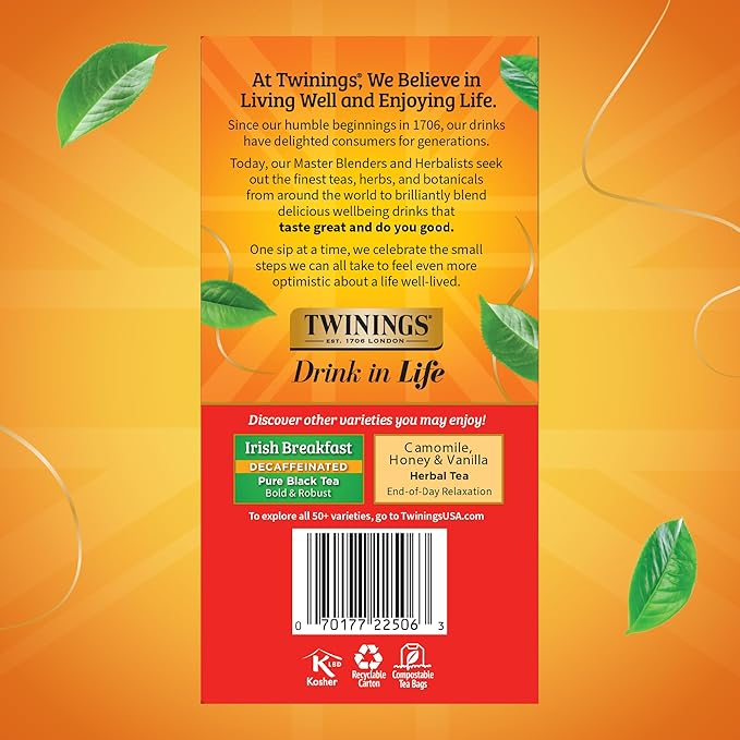 Twinings Decaffeinated English Breakfast Black Tea Bags, 50 Count (Pack of 6), Flavourful, Robust, Enjoy Hot or Iced, 300 Teabags