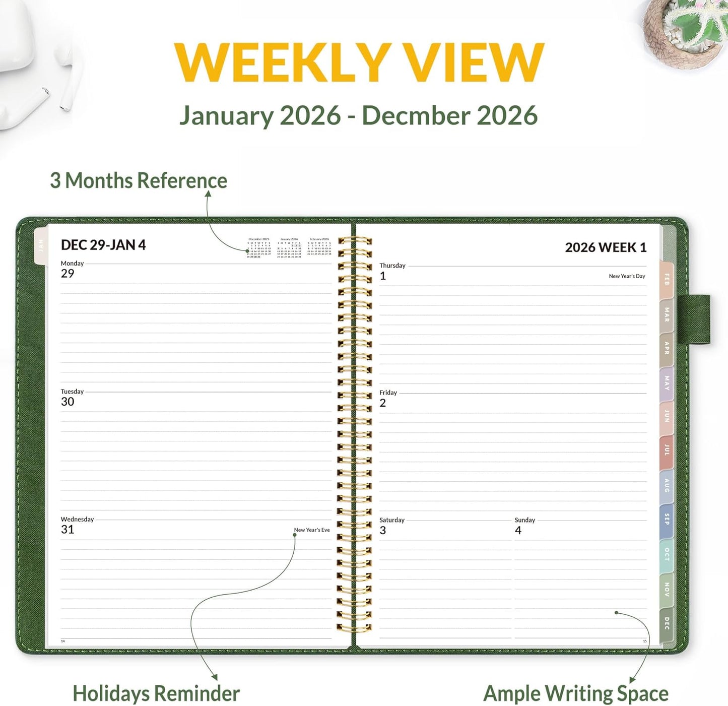 SUNEE 2026 Weekly & Monthly Planner 9"x11.2"- 12 Month (January 2026 - December 2026), Vegan Leather Cover, Pocket, Bookmark, Notes, Monthly Tab, Deep Green