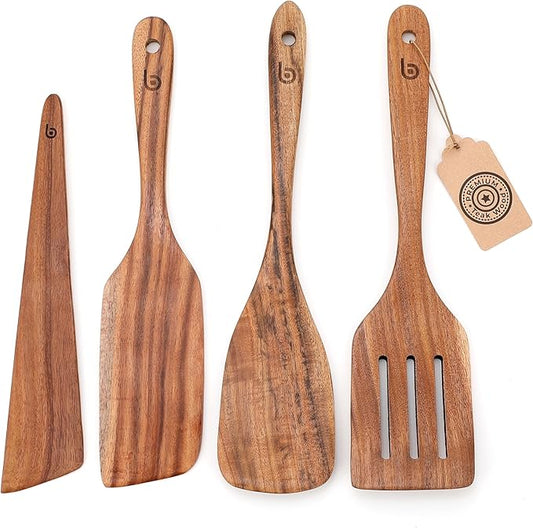 4-Piece Teak Wood Spurtle Utensil Set – Premium Natural Wooden Cooking Tools for Nonstick Cookware, Stirring & Serving – Durable, Non-Toxic Kitchen Spatulas