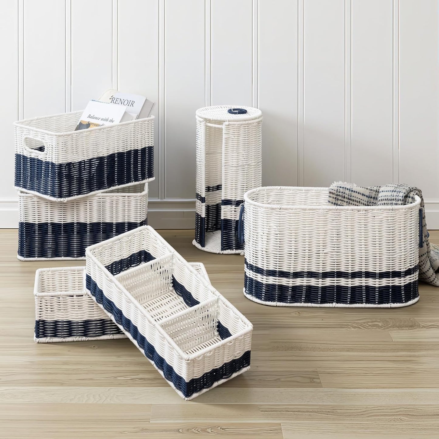 GRANNY SAYS Toilet Paper Storage Holder, 6 Mega Rolls Toilet Paper Holder Stand with Storage, Navy Blue Baskets for Bathroom Beach Decor, Decorative Basket for Storage