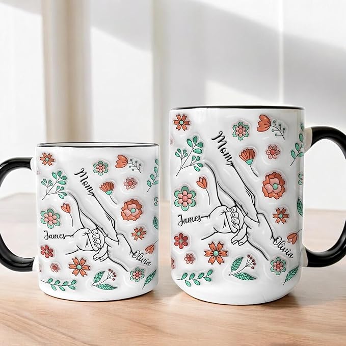 LOVELYPOD Custom Mom Coffee Mug with Kids Names, You Hold Our Hands Also Our Hearts Mug, Coffee Cups for Mama, Personalized Coffee Mugs, Mothers Day Mugs, Gifts for Mom from Daughter Son