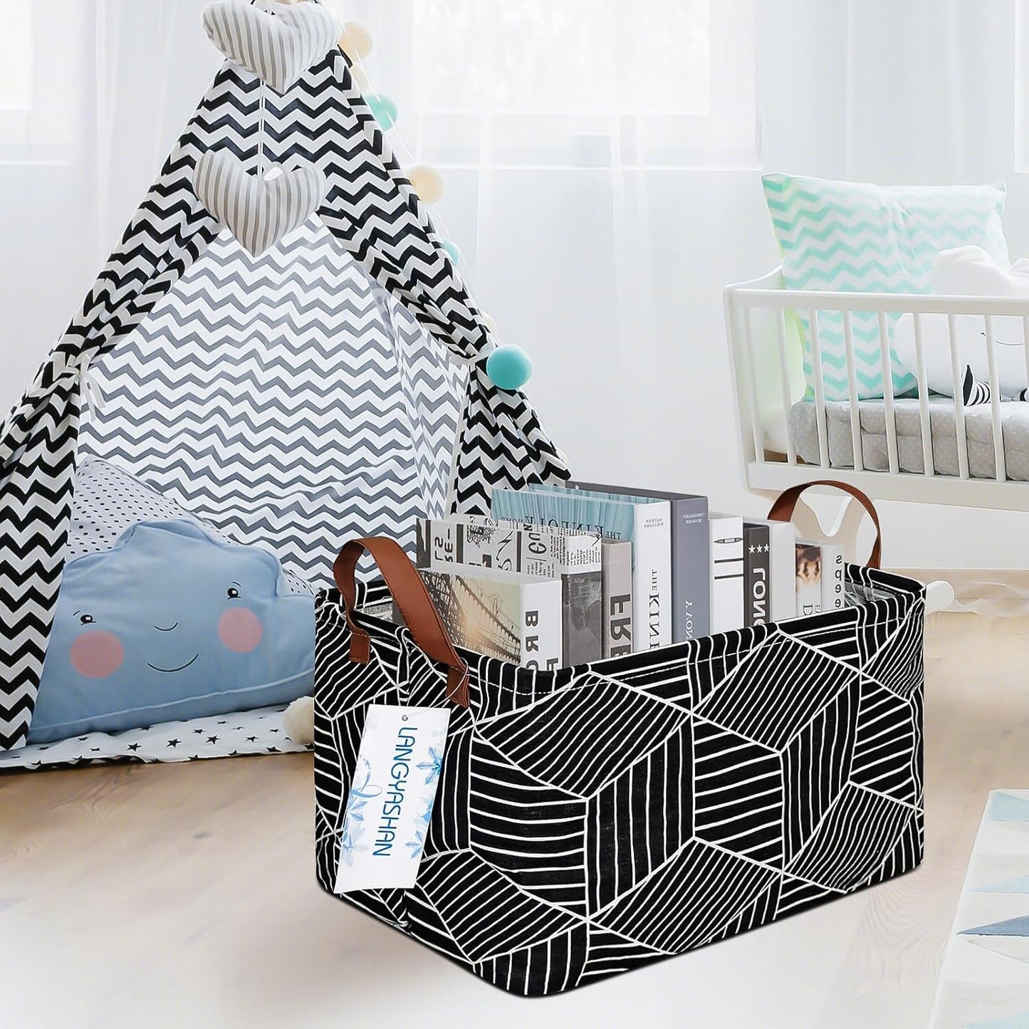 LANGYASHAN Rectangular Storage Bin Collapse Canvas Fabric Cartoon Storage Basket with Handles for Organizing Home Kitchen Boys and Girls Toys Office Closet Shelf Baskets (Black Diamond)