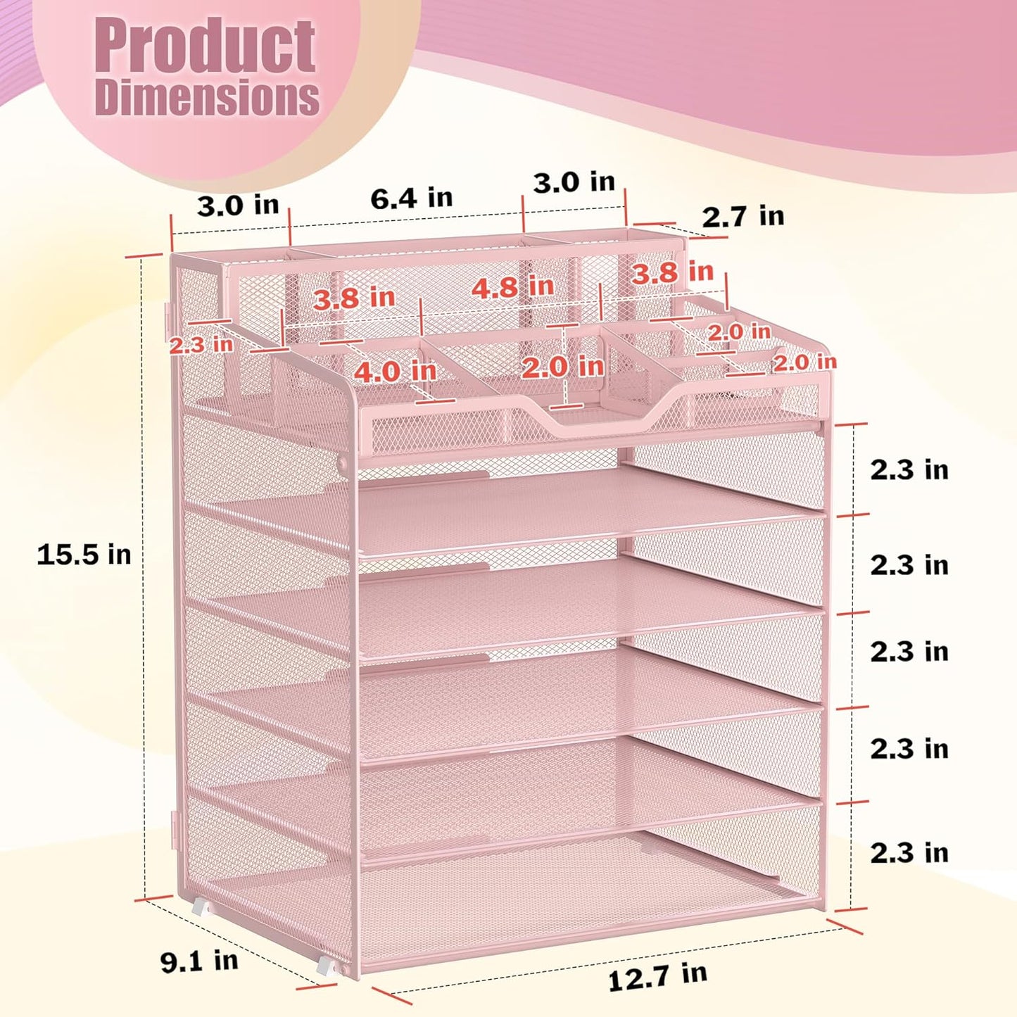 Docnest 6 Tier Mesh Desk Organizer for Paper Office Supplies – Multi-Functional Letter Tray with 5 Adjustable Compartments, 3 Pen Holders, Desktop Storage for Files, Mail, Stationery – Pink
