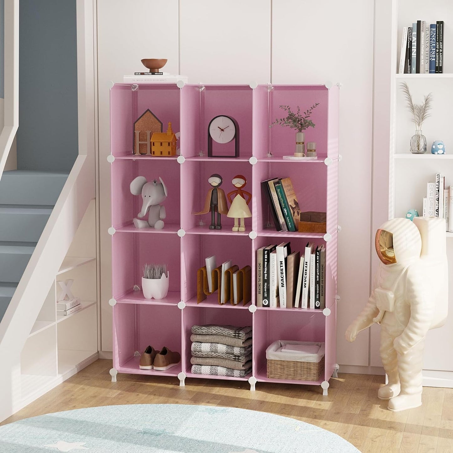 AWTATOS Cube Storage Organizer Protable Closet Organizers and Storage for Kids DIY Stackable 12 Cube Storage Shelves Clothes Organizer for Bedroom, Home, Pink