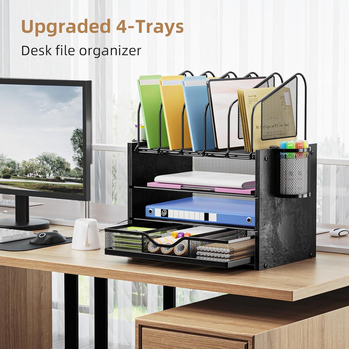 Marbrasse Desk organizer with Drawer, 4-Tier Wooden File Organizer with 5 Vertical File Holders and 2 Pen Holders, Desk Organizers and Accessories for Home Office - Black