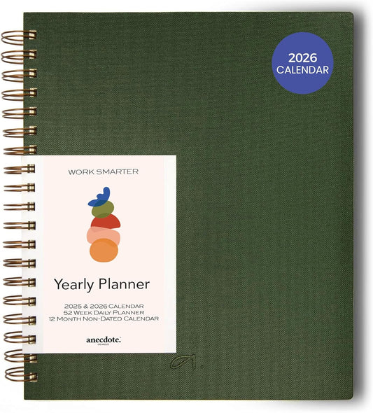 Anecdote 2026 Planner (8.5" x 10") Daily Planner Weekly Monthly Planner - 52 Weeks w/Library Buckram Cover, Brass Spiral - A4 Size Bleed-Resistant Paper – Evergreen