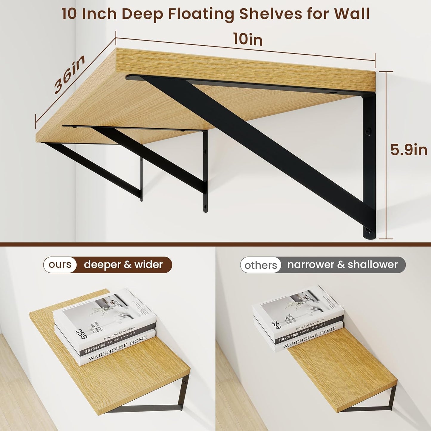 Axeman Deep Floating Shelves for Wall - 36 Inch Wide x 10 Inch Deep Floating Shelves Set of 2 -Oak Wide Wall Shelves for Living Room Bathroom Bedroom