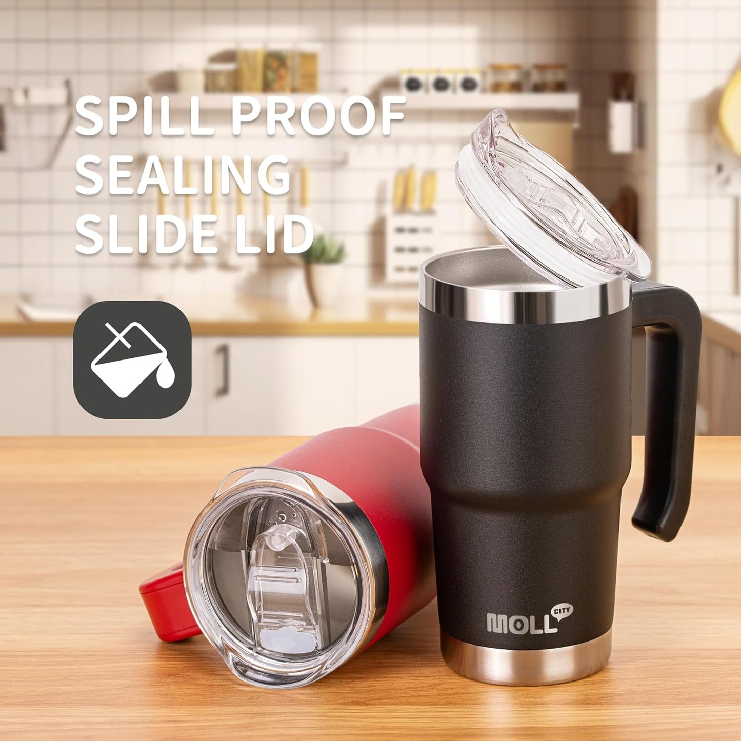 Travel Coffee Mug with Handle-16 oz Stainless Steel Vacuum Insulated Tumbler with Lid and Straw-Reusable Metal Cup with Silicone Pad, Leak Proof-BPA Free (Black)