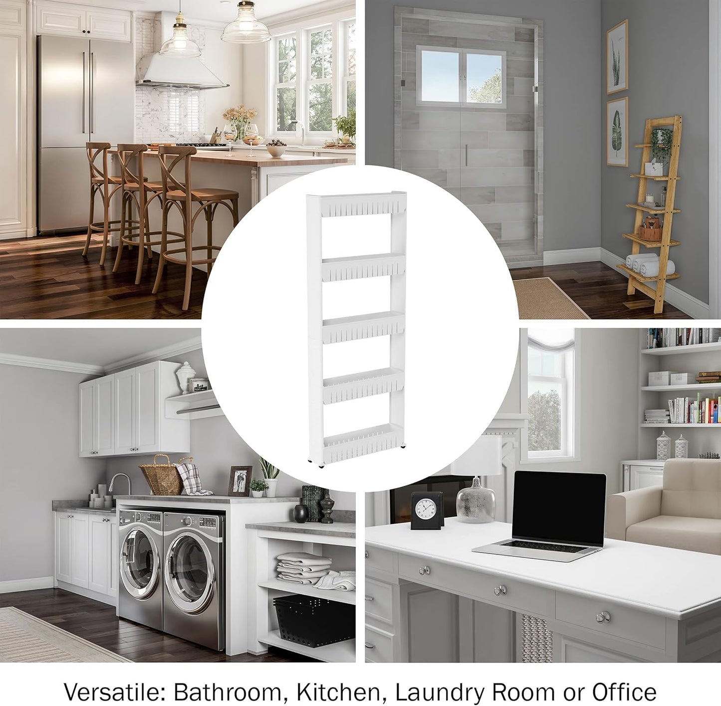 Slim Rolling Storage Cart - 5-Tier Utility Cart with Wheels for Bathroom, Kitchen, and Laundry Room - Bathroom Shelves by Lavish Home (White)