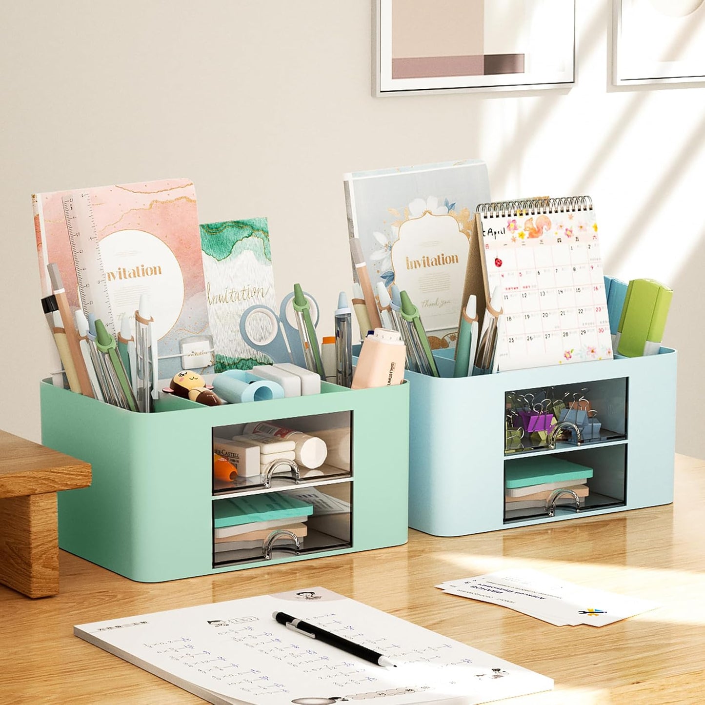 Marbrasse Pen Organizer with 2 Drawer, Multi-Functional Pencil Holder for Desk, Desk Organizers and Accessories with 5 Compartments + Drawer for Office Art Supplies (Green)