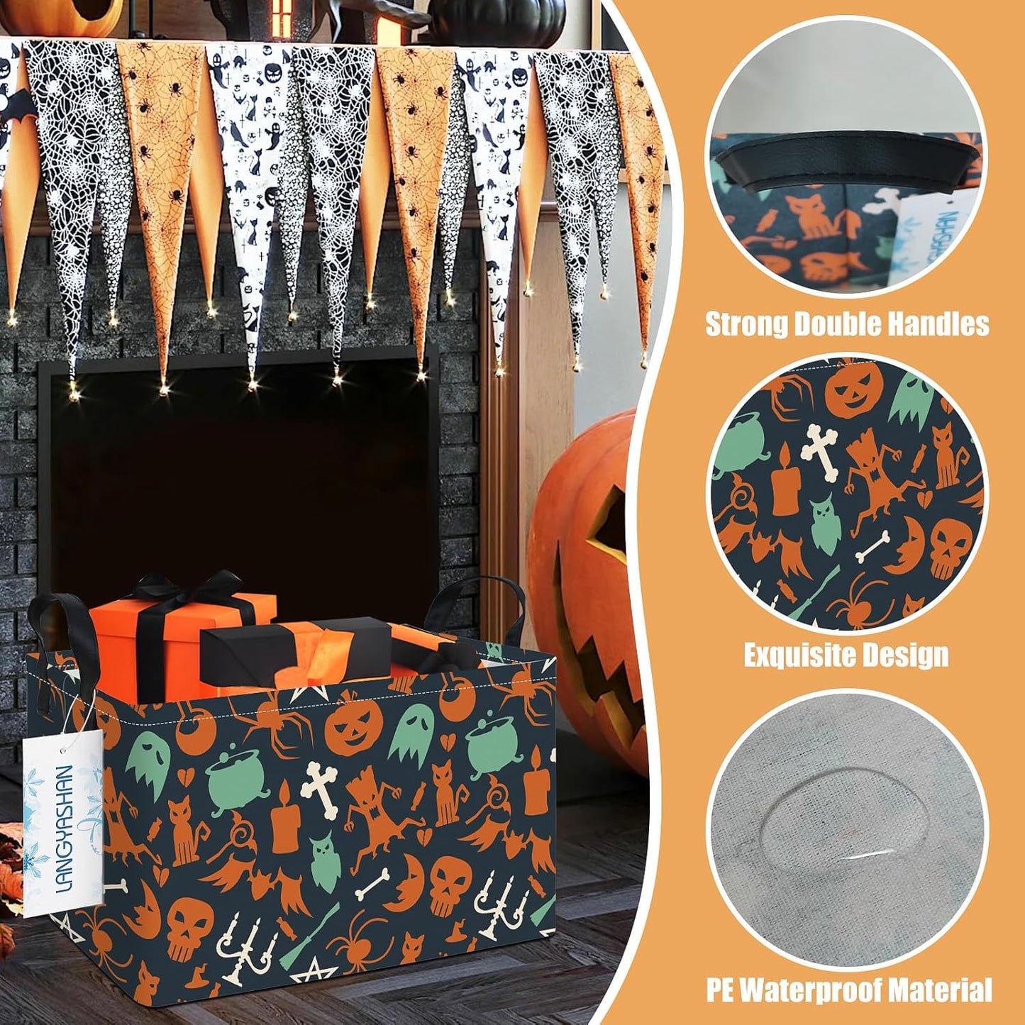 LANGYASHAN Rectangular Halloween Ghost Storage Bin Collapse Canvas Fabric Cartoon Storage Basket Home Kitchen Boys and Girls Toys Office Closet Shelf Baskets (Rec Halloween Ghost Basket)