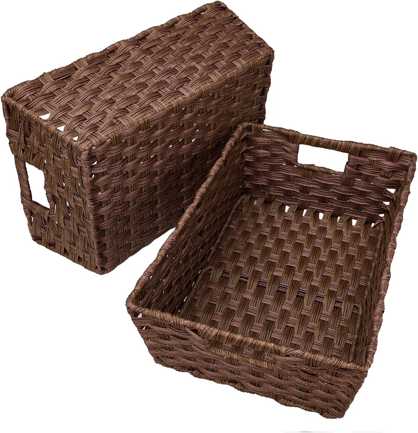 Large Wicker Storage Basket, Metal Frame, Set of 2, Washable Waterproof, 15" x 10.3" x 5.2", Brown Color, Woven Basket for Pantry, Toilet, Bathroom, Bedroom, Patio