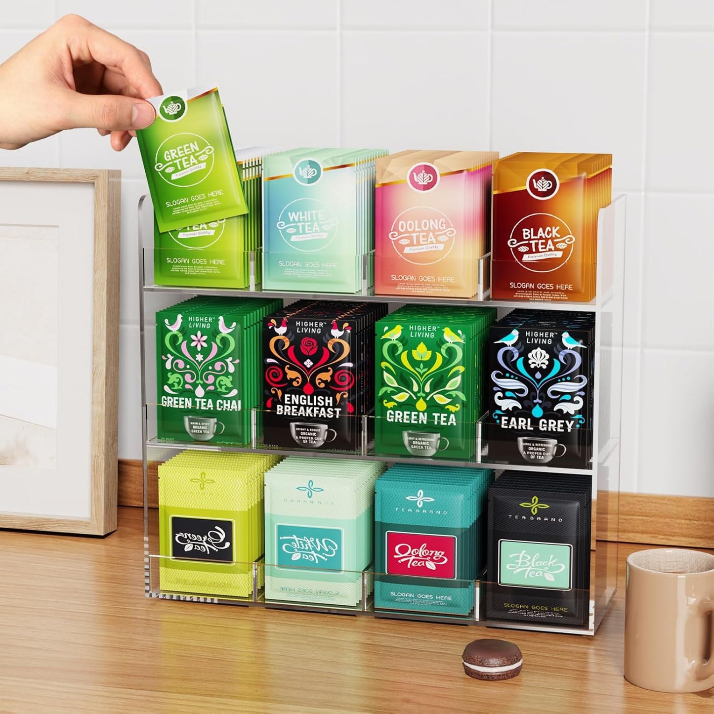 Acrylic Tea Bag Organizer, 3 Layers Tea Bag Holder for Tea Packets, No Assembly Required, Wall Mount Display Tea Caddy for Countertop or Cabinet, 12 Slots