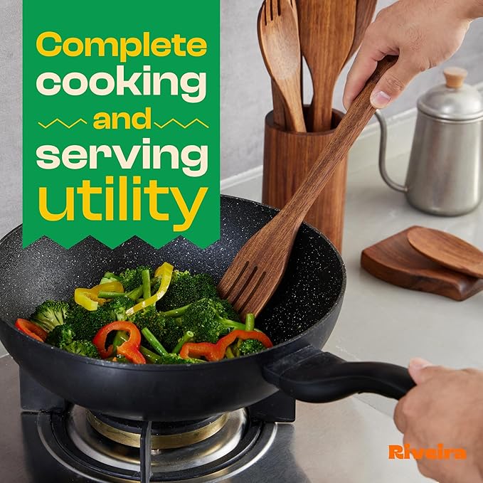 Riveira Teak Wooden Cooking Utensils Set of 6 Premium Quality Non-Toxic Wooden Spoons & Spatula for Cooking, Stirring & Serving