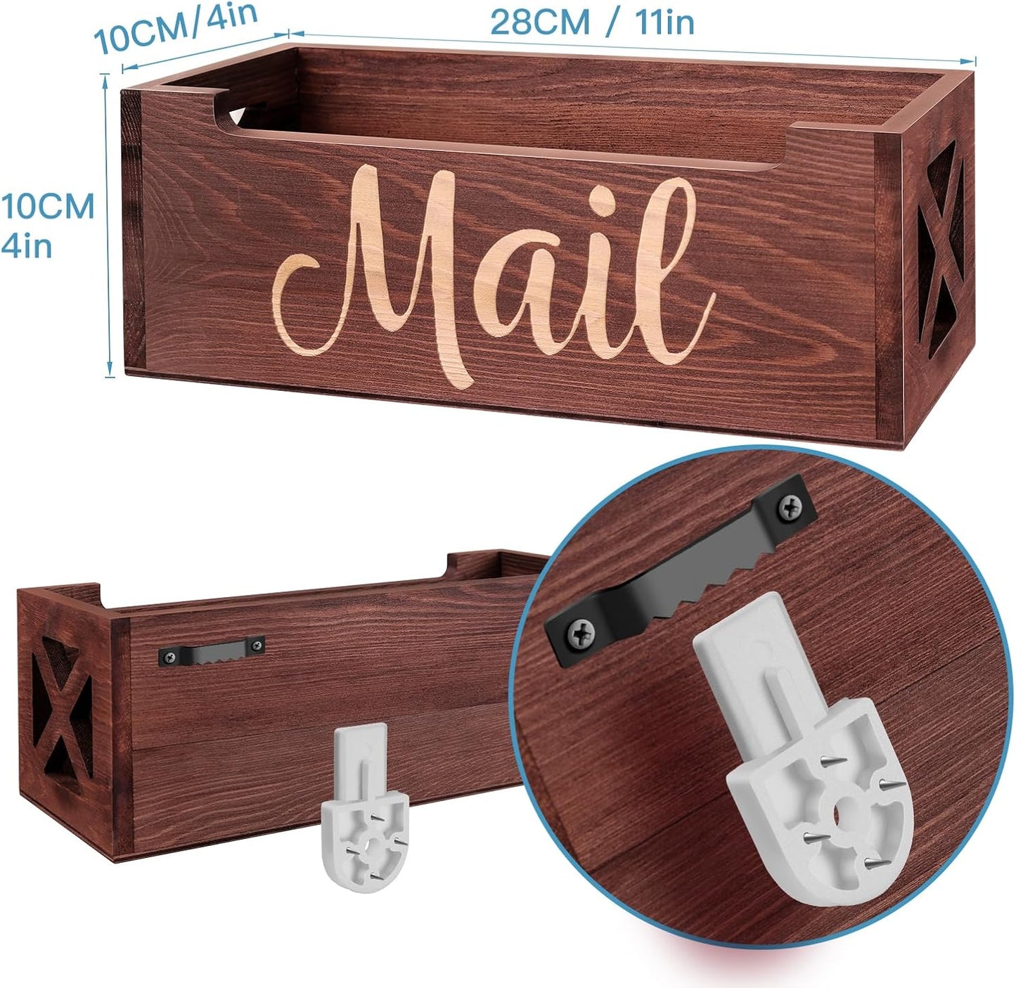 Wooden Mail Organizer Mail Holder Countertop, Farmhouse Brown Mail Tray Mail Storage Box for Wall, Rustic Mail Basket Letter Holder for Office Desk