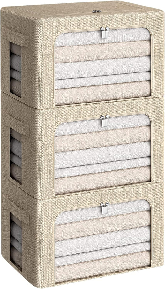 3Pack Foldable Storage Bins - Frame Storage Box Linen Fabric Stackable Clothes Container Organizer with Clear Window & Carry Handles Large Capacity (Medium-36L, Beige)