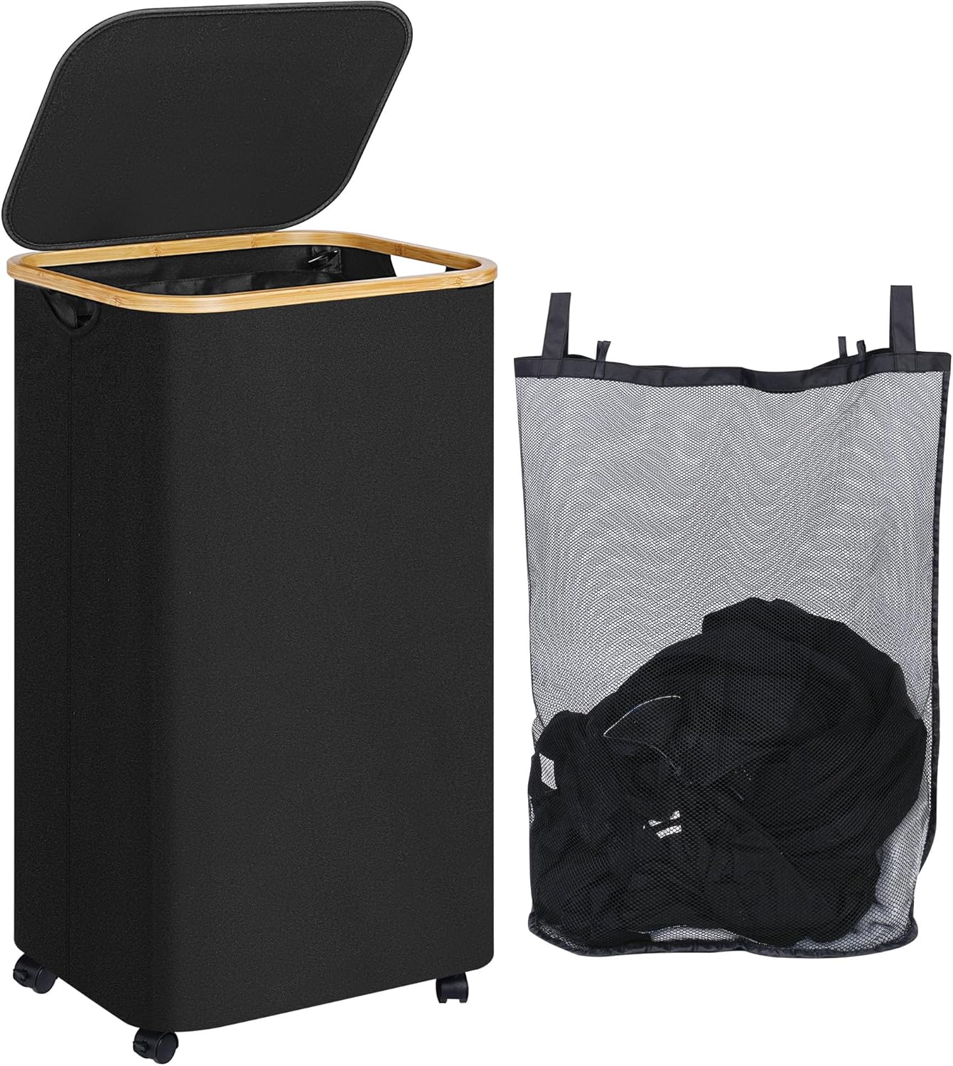110L Laundry Basket with Wheels,Clothes Hamper for Laundry,Laundry Hamper with Lid and Inner Bag, for Laundry Room, Bedroom, Dormitory Storage,Black