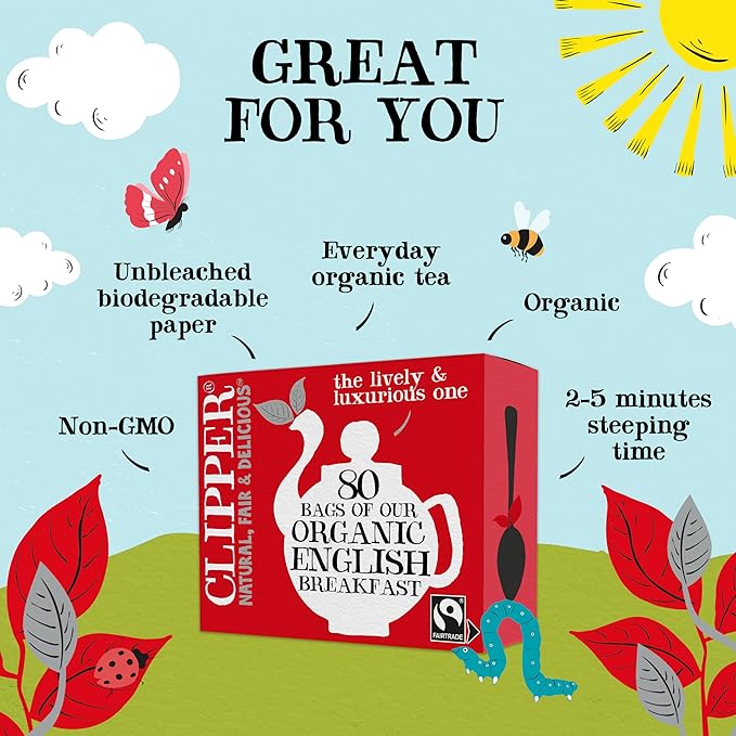Clipper Tea, English Breakfast Assam Blend, Fairtrade, Organic, Plant-Based, Caffeinated British Tea, 4 Pack, 320 Unbleached Tea Bags