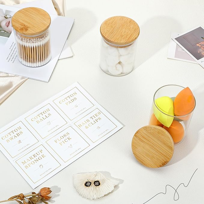 Luxspire 3 Pack Glass Qtip Holder Dispenser, 13.4 oz Cotton Swab Holder with Bamboo Lids, Glass Apothecary Jars Bathroom Accessories Canisters for Cotton Swabs, Balls, Pads, Floss Picks