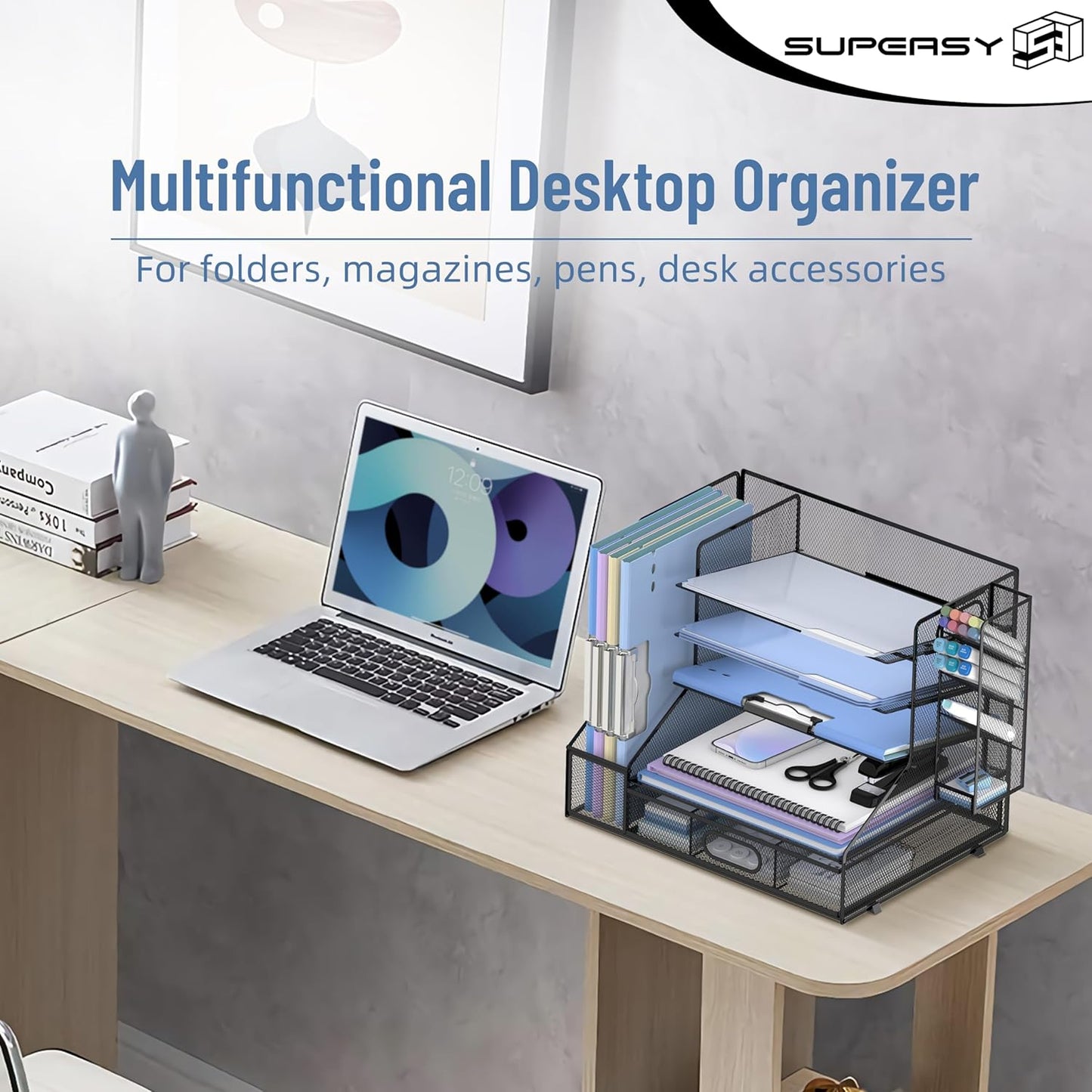 SUPEASY Desk Organizer with File Holder, 5-Tier Mesh Paper Letter Tray and 3 Tilted File Sorter for Office Supplies, Black