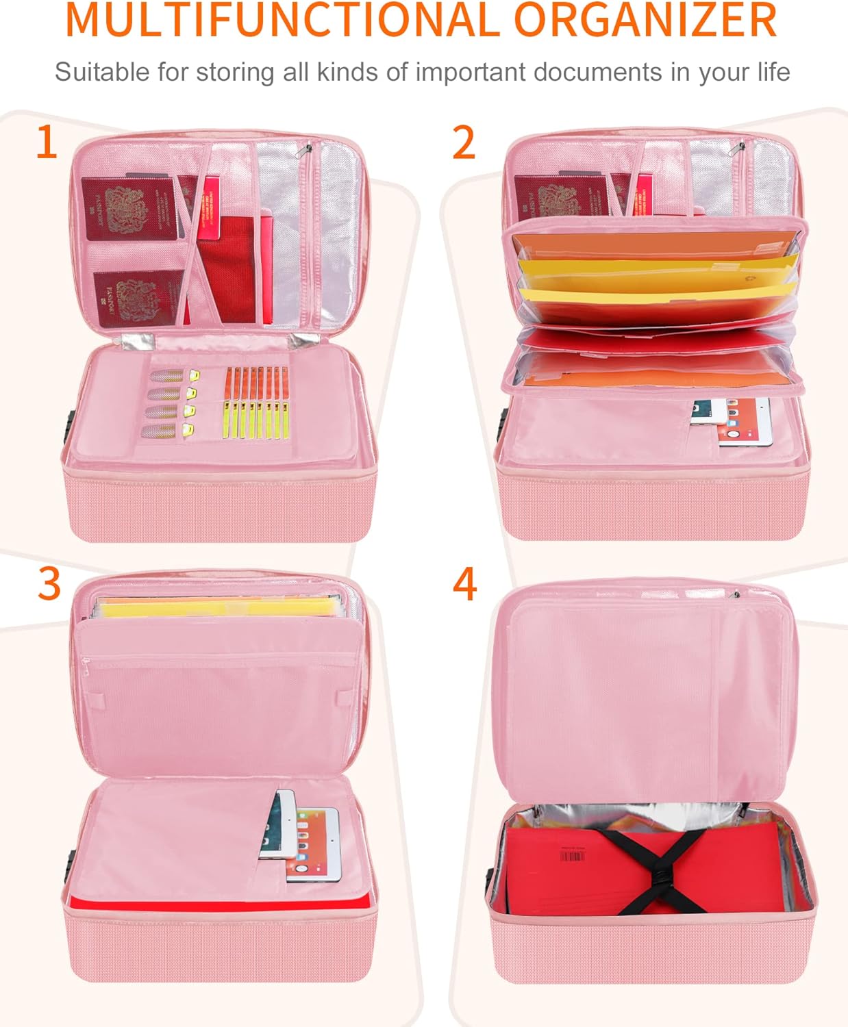 Noiposi Important Document Organizer, Waterproof and Fireproof Document Box with 7 Pockets File Folder,Portable Home Fire Safe Storage Box Case with Lock for Documents,File and Card,Pink