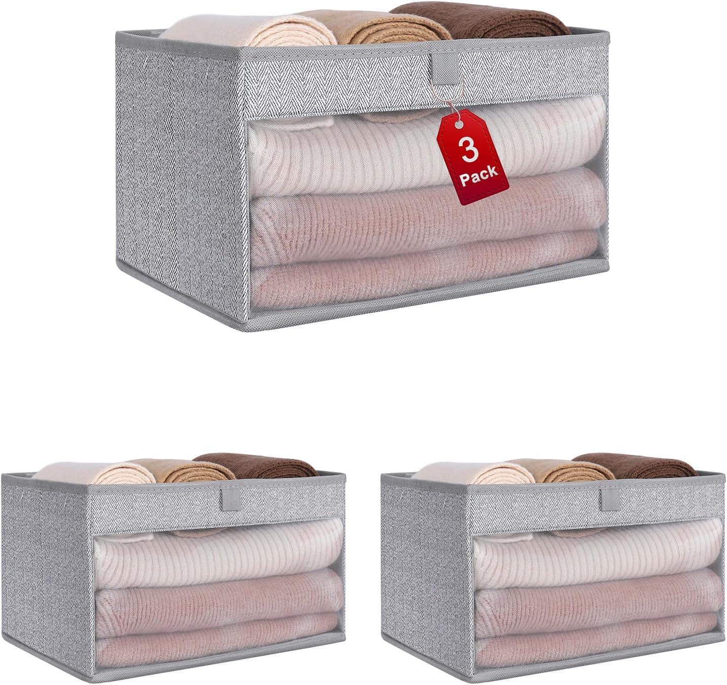 WUIKE Closet Storage Bins, Large Fabric Storage Baskets with Clear Window, Foldable Organizer for Clothes, Shelves, Herringbone Gray, 3 Pack