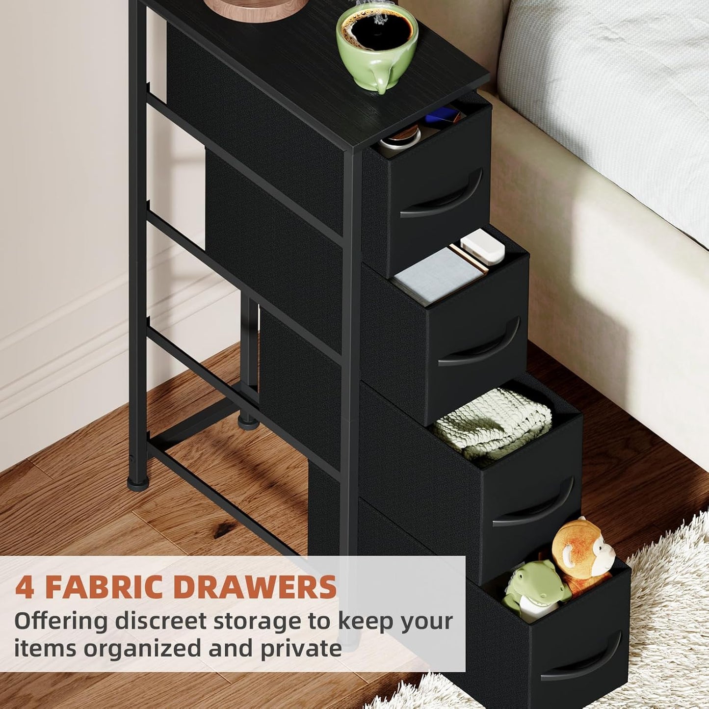 Somdot Narrow Dresser with 4 Drawers, Slim Storage Organizer Chest of Drawers with Removable Fabric Drawers for Small Spaces Bathroom Closet Bedroom Laundry, Black