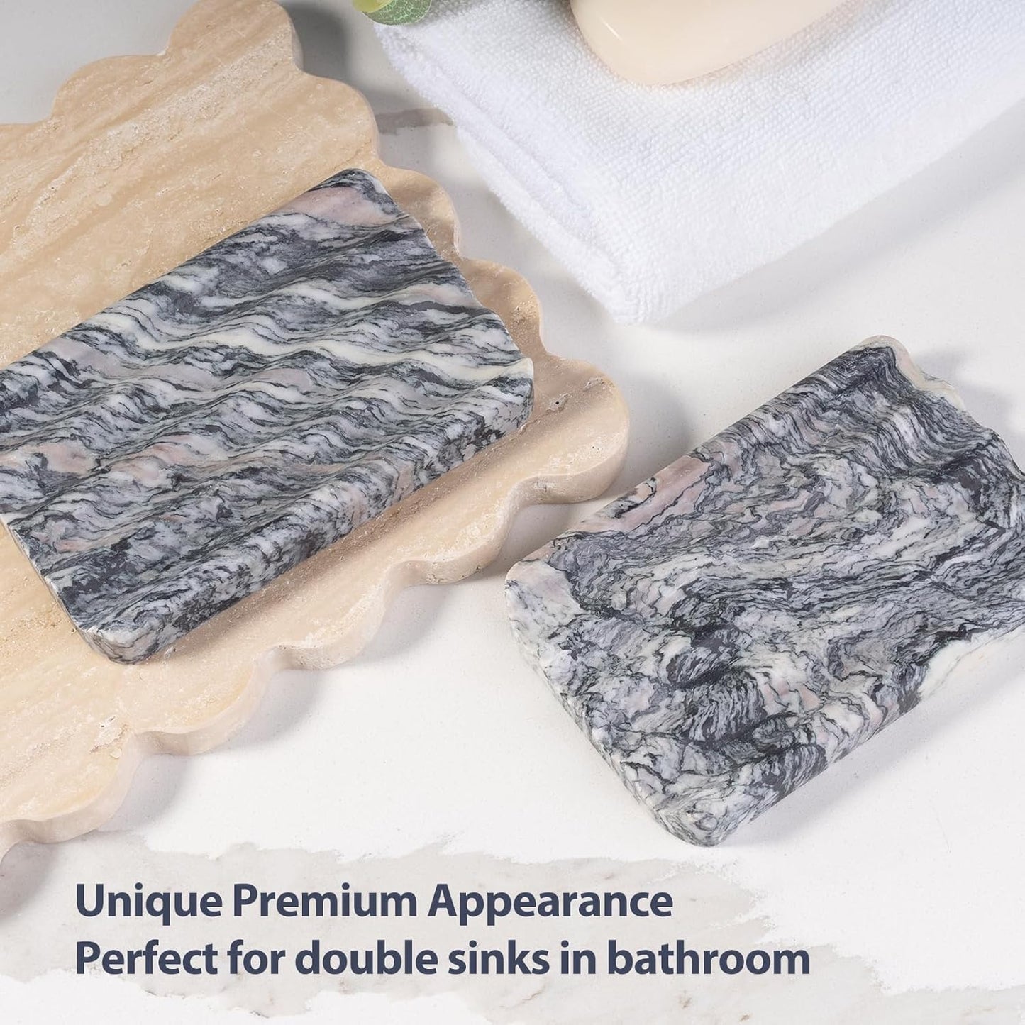 2 Pcs Soap Holder for Bathroom, Marble Soap Dish for Kitchen Countertop, Soap Tray with Creative Wavy Design, Saver for Bath Tub, Sponges, Italian Natural Stone(Rosso Luana)