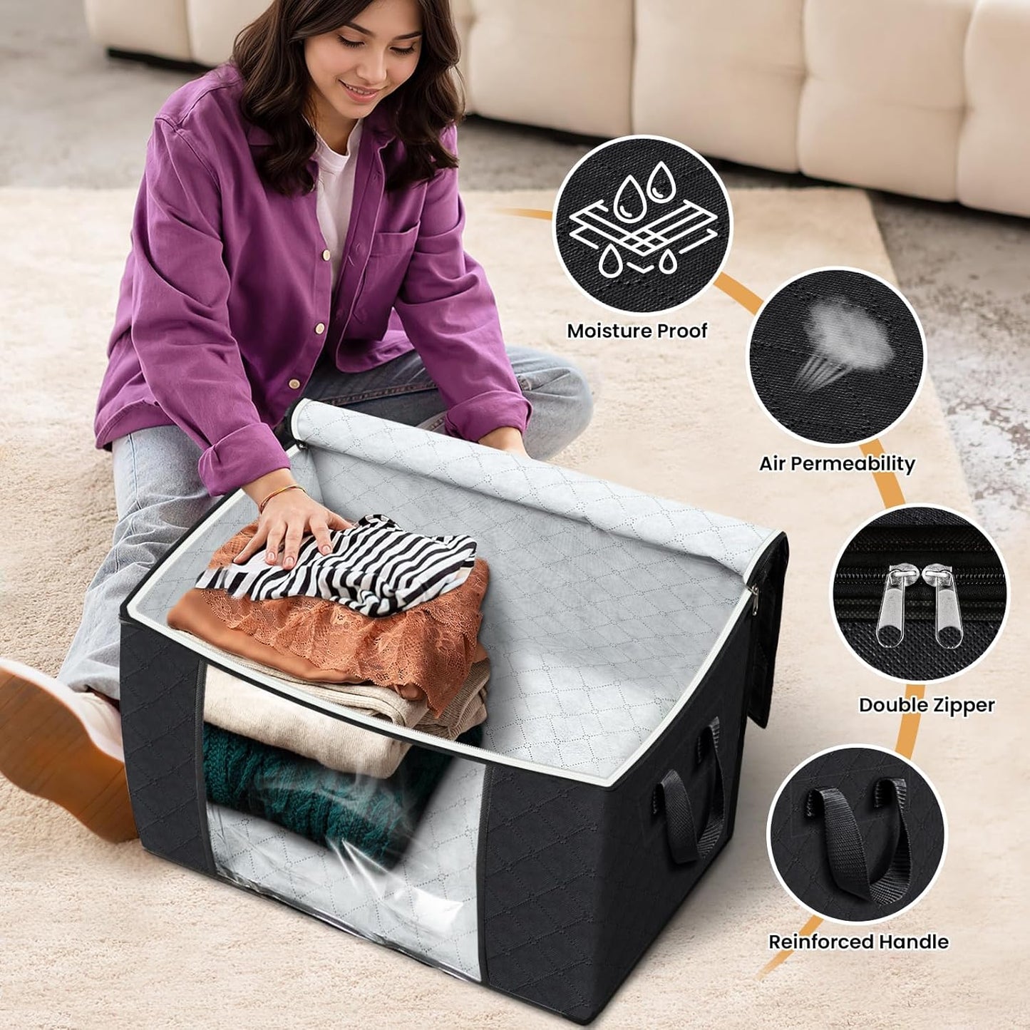 Fab totes 24 Gallons Clothes Storage, Foldable Thick Fabric Blanket Storage Bags, Containers for Organizing Bedroom, Closet, Clothing, Comforter, Organization with Handle (10 Pack,Black)