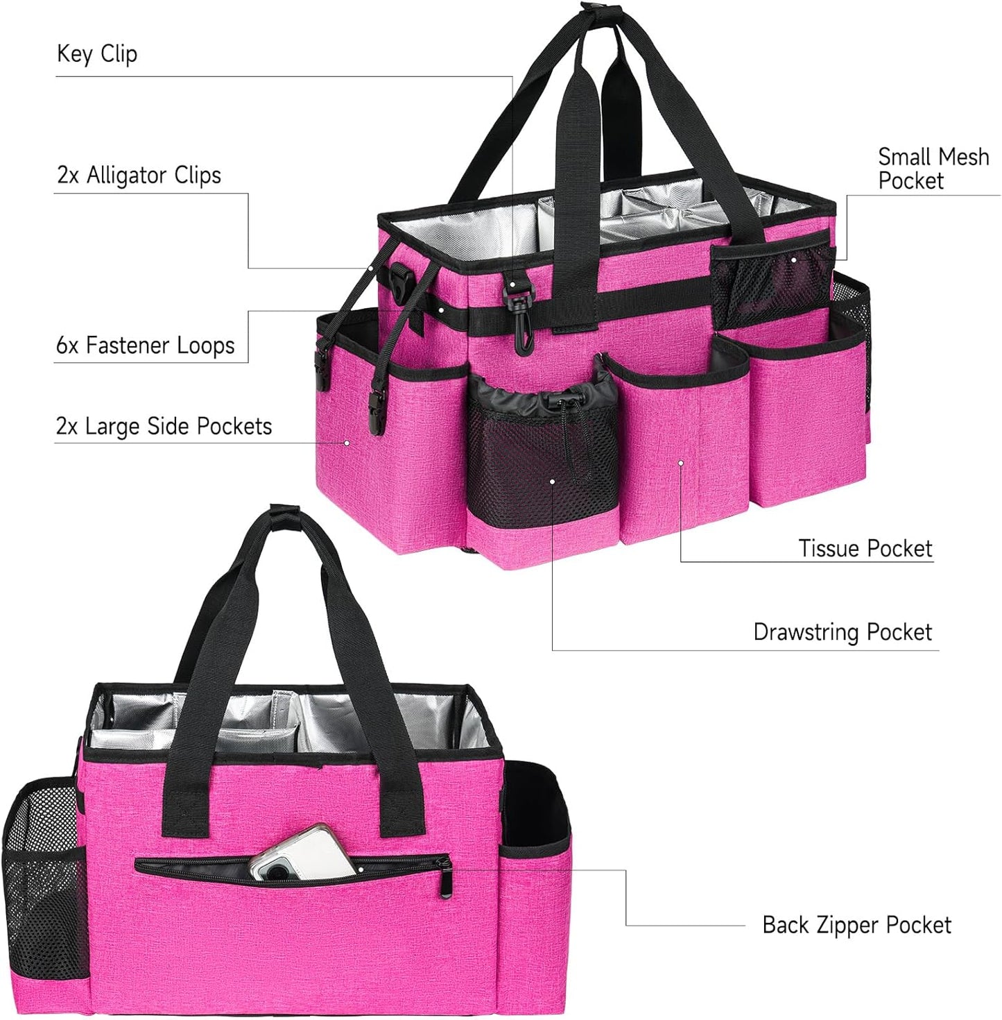 Cleaning Caddy Bag, Cleaning Supplies Organizer for Housekeepers, Housekeeping Caddy with Handle and Detachable Padded Cushion, Pink