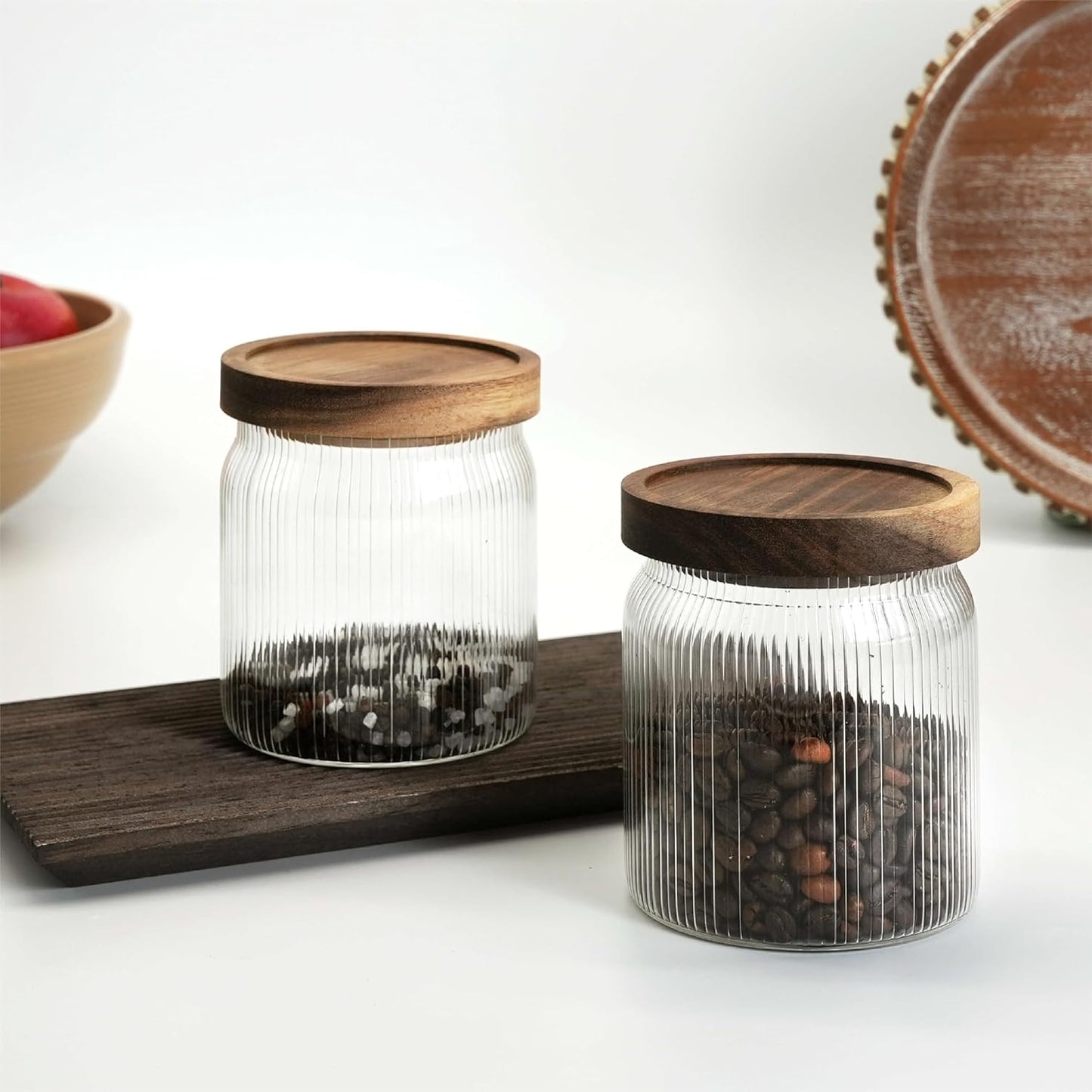 Ribbed Glass Storage Jars Set of 2 – Airtight Food Canisters with Wooden Lids, Stackable Kitchen Organizers for Coffee, Tea, Spices & Dry Goods (8.5oz)