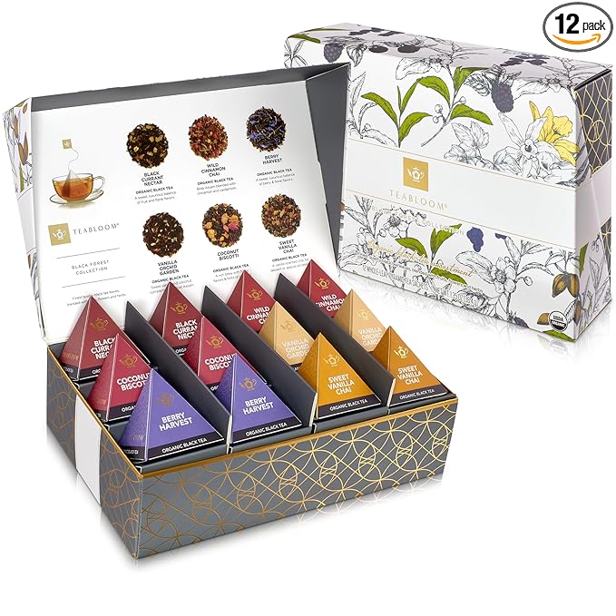 Teabloom Organic Black Forest Pyramid Tea Presentation Box, 12 Assorted Black Tea Blends, USDA Certified Organic Whole-Leaf Pyramid Tea Sachets