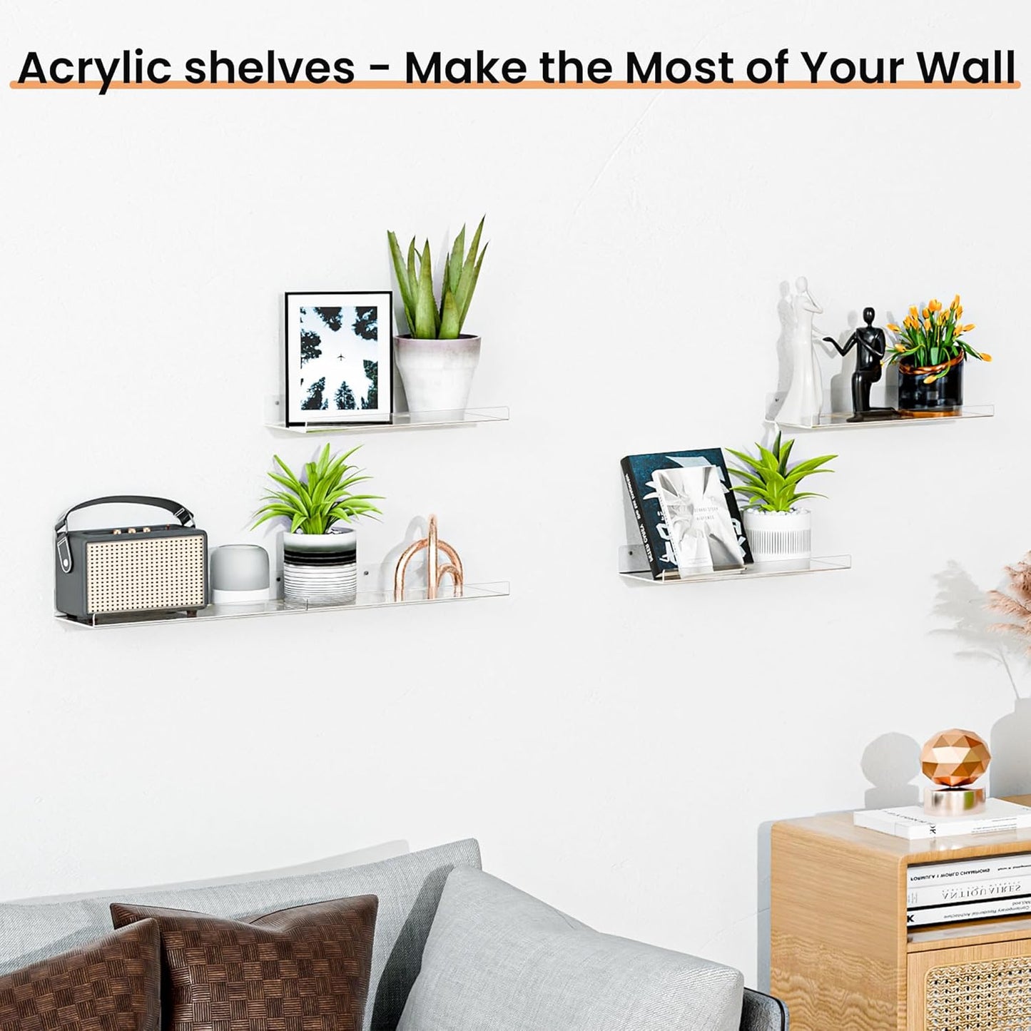 upsimples 4 Pack 15x6 Inches Acrylic Bathroom Shelves for Wall, Floating Bathroom Shelves Over Toilet, Storage Shelf for Toilet Paper, Towels and Toiletries, Clear