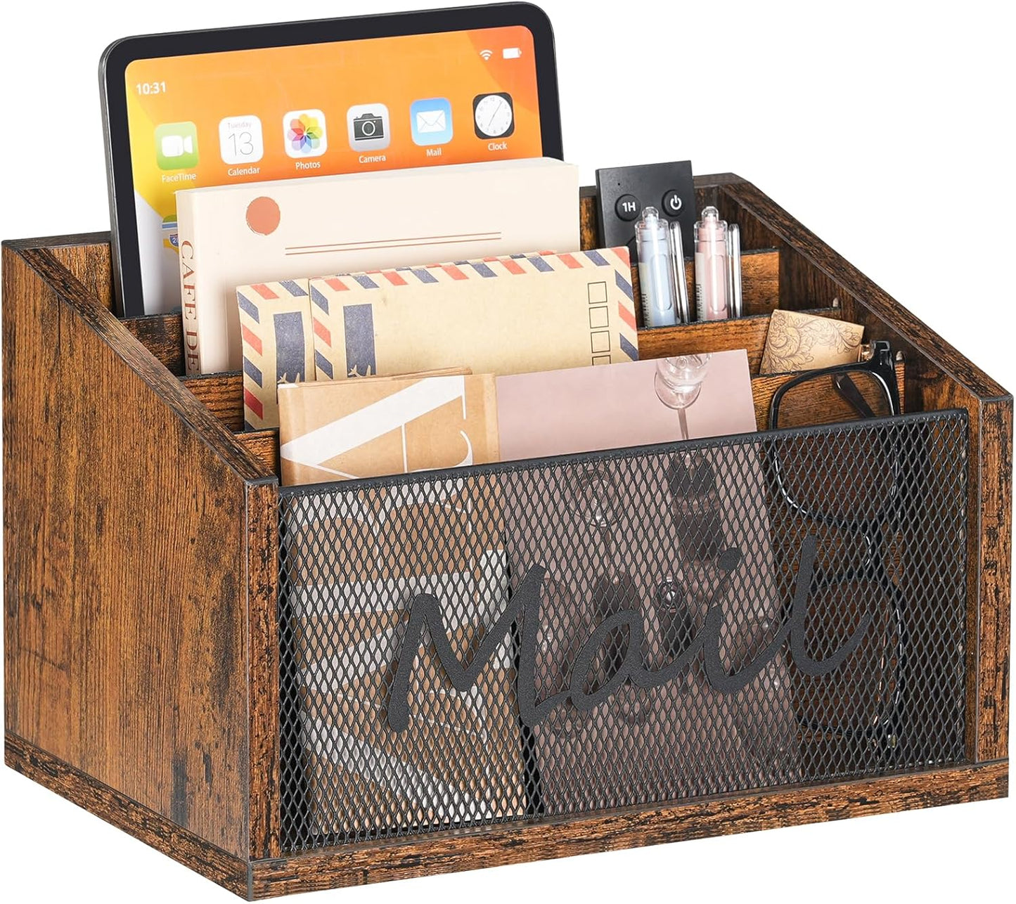 Mail Organizer Countertop, Mail Holder with 4 Slots, Mail Sorter for Desk, Wooden Office Desk Organizer, Mail Organizer for Magazines, Files, Papers, Folders, Rustic Brown and Black MR04BR