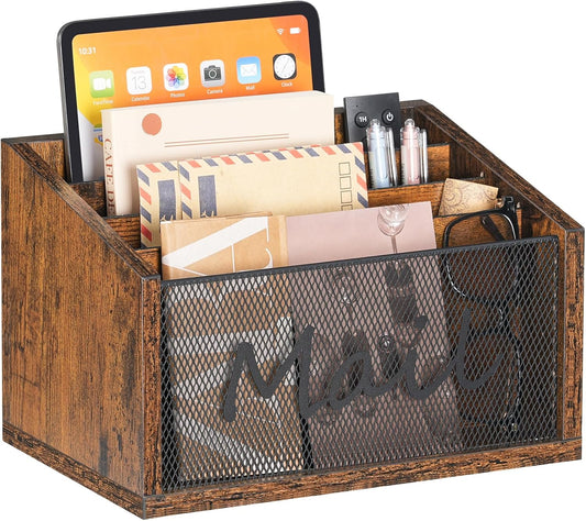 Mail Organizer Countertop, Mail Holder with 4 Slots, Mail Sorter for Desk, Wooden Office Desk Organizer, Mail Organizer for Magazines, Files, Papers, Folders, Rustic Brown and Black MR04BR