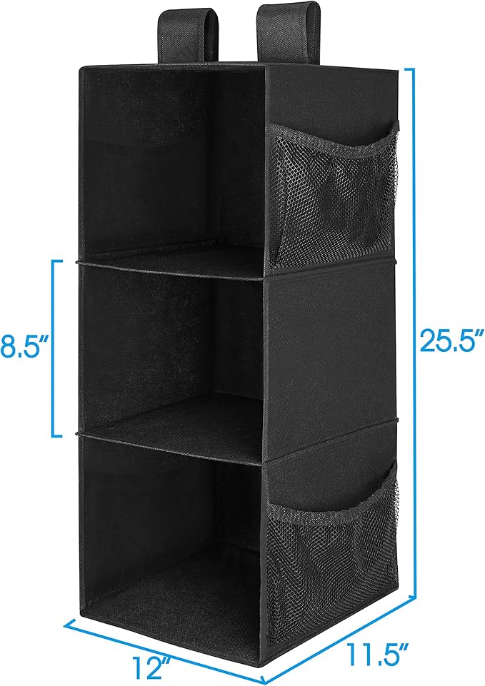 MAX Houser 3-Shelf Hanging Closet Organizer, Hanging Sweater Organizer, Foldable Hanging Shelves for Closet with 2 Velcro, Black