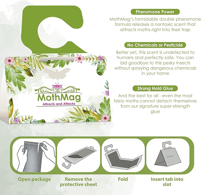 MothMag Moth Traps for Clothes, Closets, Fabrics, and Carpets, Clothing Moth Traps, Clothes Moth Traps, Closet Moth Traps, Moth Pheromone Traps, Extra-Strength Adhesive Glue Clothes Moth Trap, 6 Pack