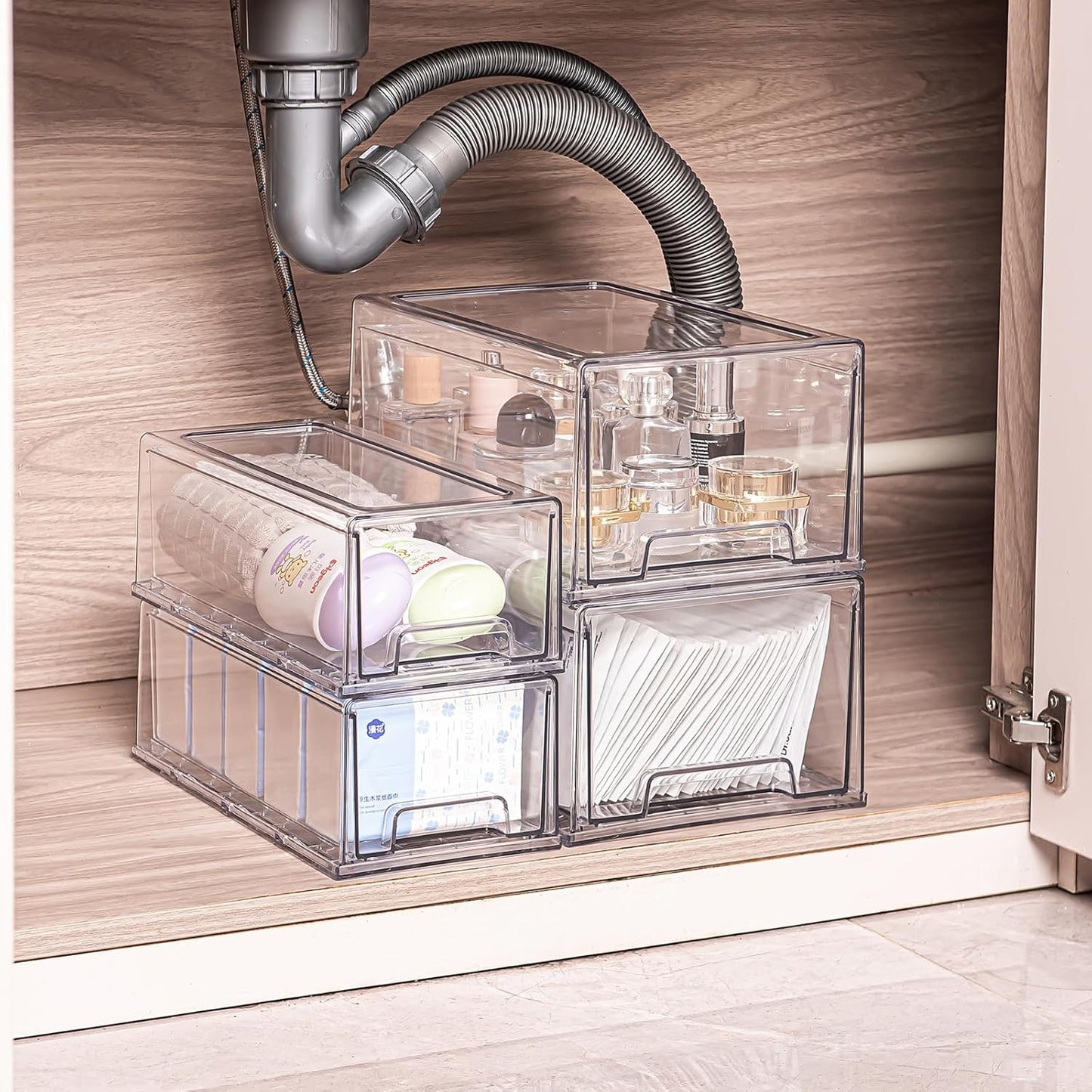 PeJeyiee 2 Pack Stackable Pull-Out Storage Drawers，Plastic Clear Organizer Bins with Handles，Easily Clean for Craft, and Toy Organization，Kitchen Undersink，Cabinet，Fridge，Closet，Pantry，Office，Bathroom