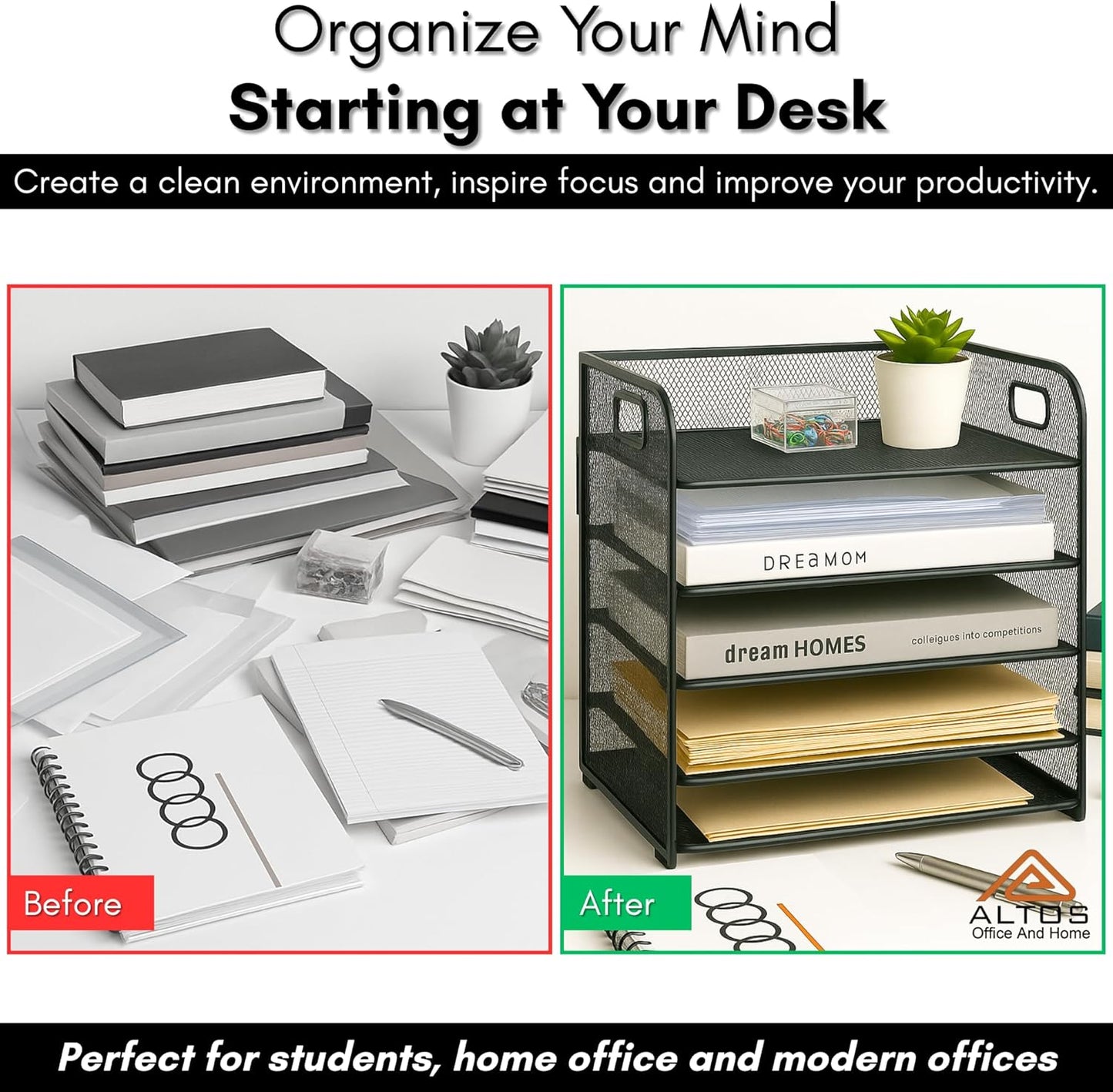 Metal Mesh Desk Organizer, 5 Compartments, Large Capacity, Holes to Handle It, Rounded Corners, Non-Slip, Anti Rust, Hinge Design