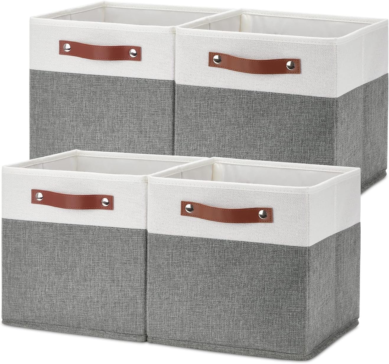 Temary Cube Storage Bins 4 Pack Storage Cubes 11×11 Fabric Storage Bins Foldable Cube Storage Baskets with Handles, Collapsible Storage Basket for Shelf (White & Grey, 11 x 11 x 11)