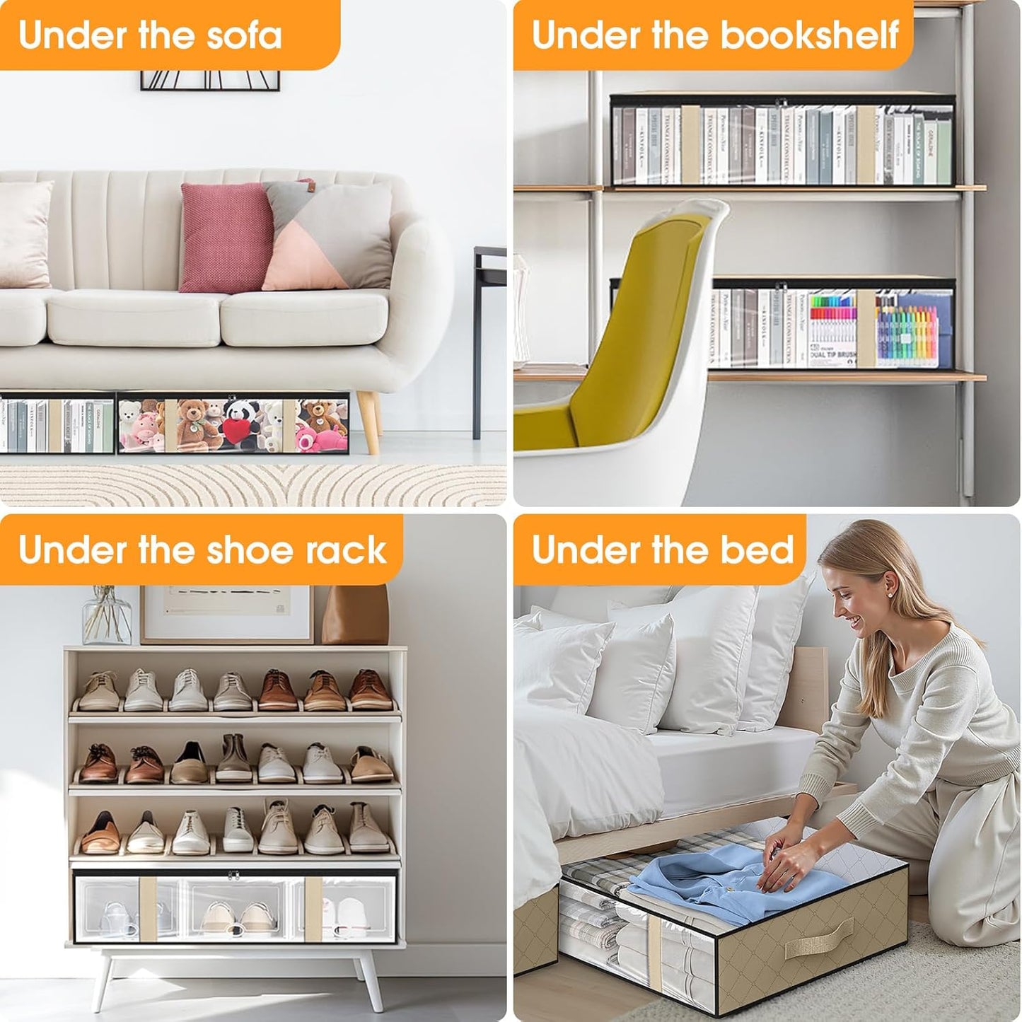 StorageRight Under Bed Storage Bins, 8-Pack 40L Foldable Fabric Storage Bags with Transparent Window, Breathable Organizer for Clothes/Blanket/Comforter/Quilts,Beige