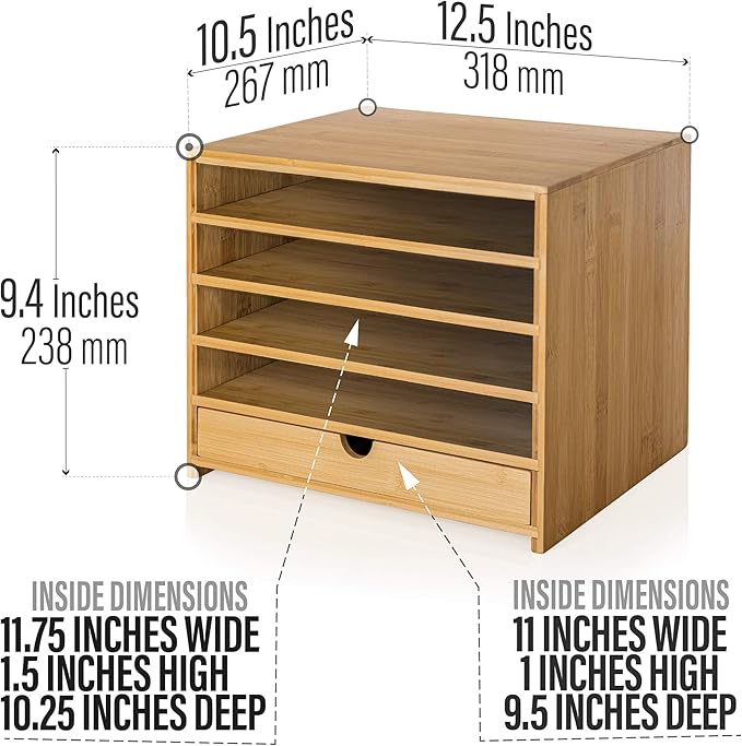 Prosumer's Choice Bamboo Four Cubby Paper Letter Tray Organizer with Single Pull-Out Drawer for Home and Office | Desktop Organizer with Drawer - Natural Bamboo Color