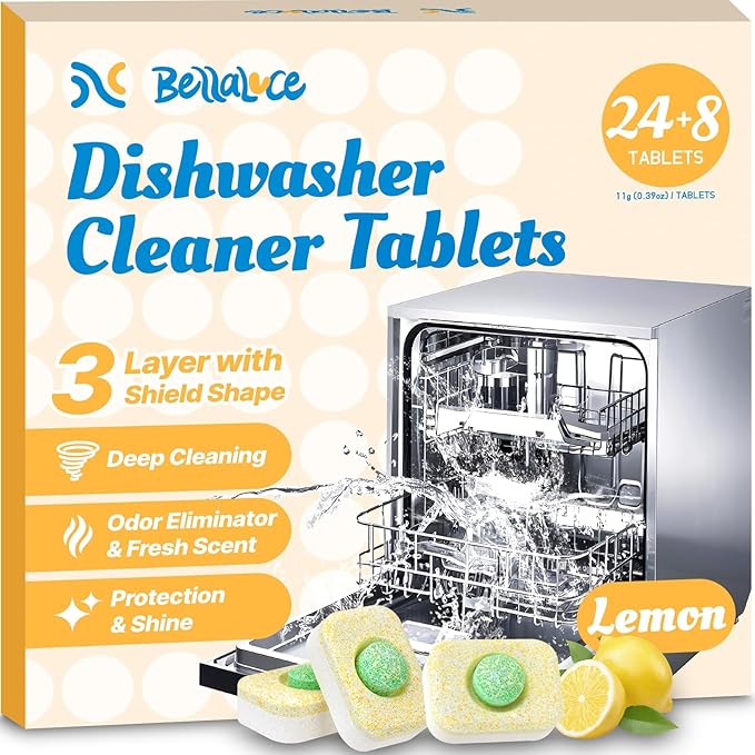Dishwasher Cleaner Tablets - Dishwasher Cleaner And Deodorizer Tablets Lemon Scented, Heavy Duty Deep Clean Descaler Pods for Septic Safe, Prevents Buildup & Odor, Natural Limescale Remover (32 Pack)