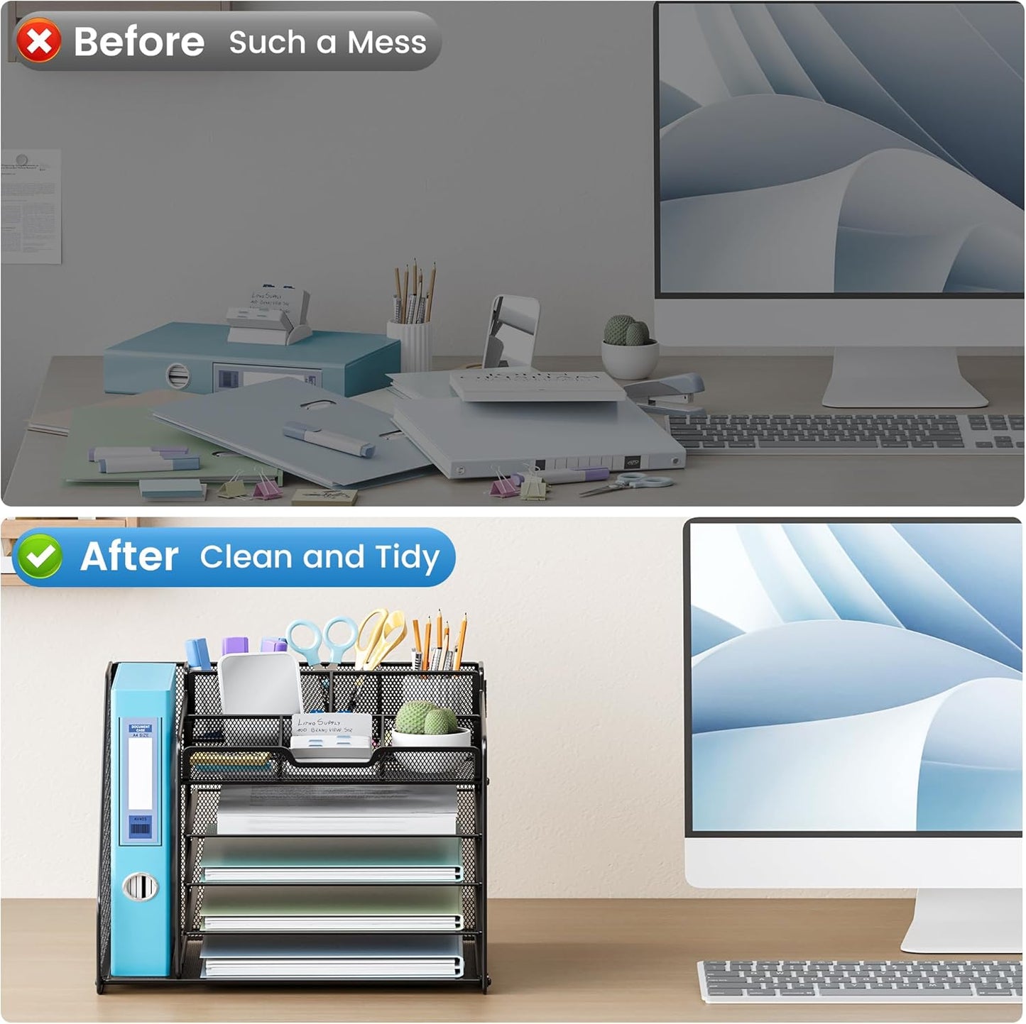 Lavatino Desk Organizer, 5-Tier Metal Mesh Paper Letter Tray with 1 File Holders & 7 Flexible Dividers for Office or Home Desk Organizers and Accessories, Keep Workspace Supplies Neat, Black