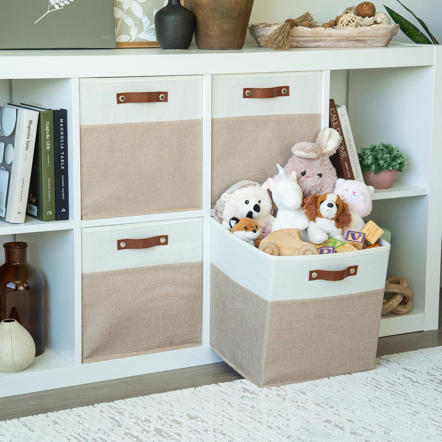 OrganiHaus 13" x 13" x 13" Cube Fabric Storage Bins Set of 4, Fabric Storage Cubes w/ Vegan Handles, 13 inch Collapsible Bins for Clothes & Toy Organizer, 13x13 Basket for Decor - Beige/White