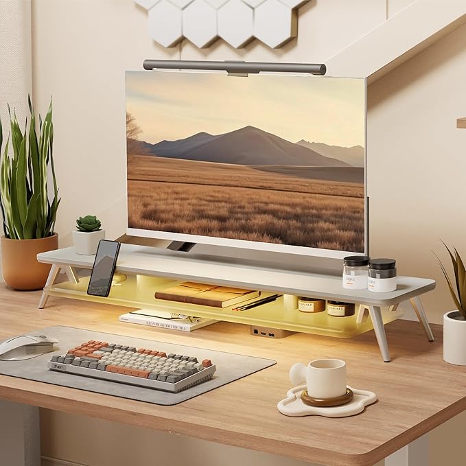 Fenge Dual Monitor Stand, 2 Tiers Acrylic Monitor Riser with LED Lights, 42.5 Inch Wood and Aluminum Desk Shelf with Phone and Tablet Holder