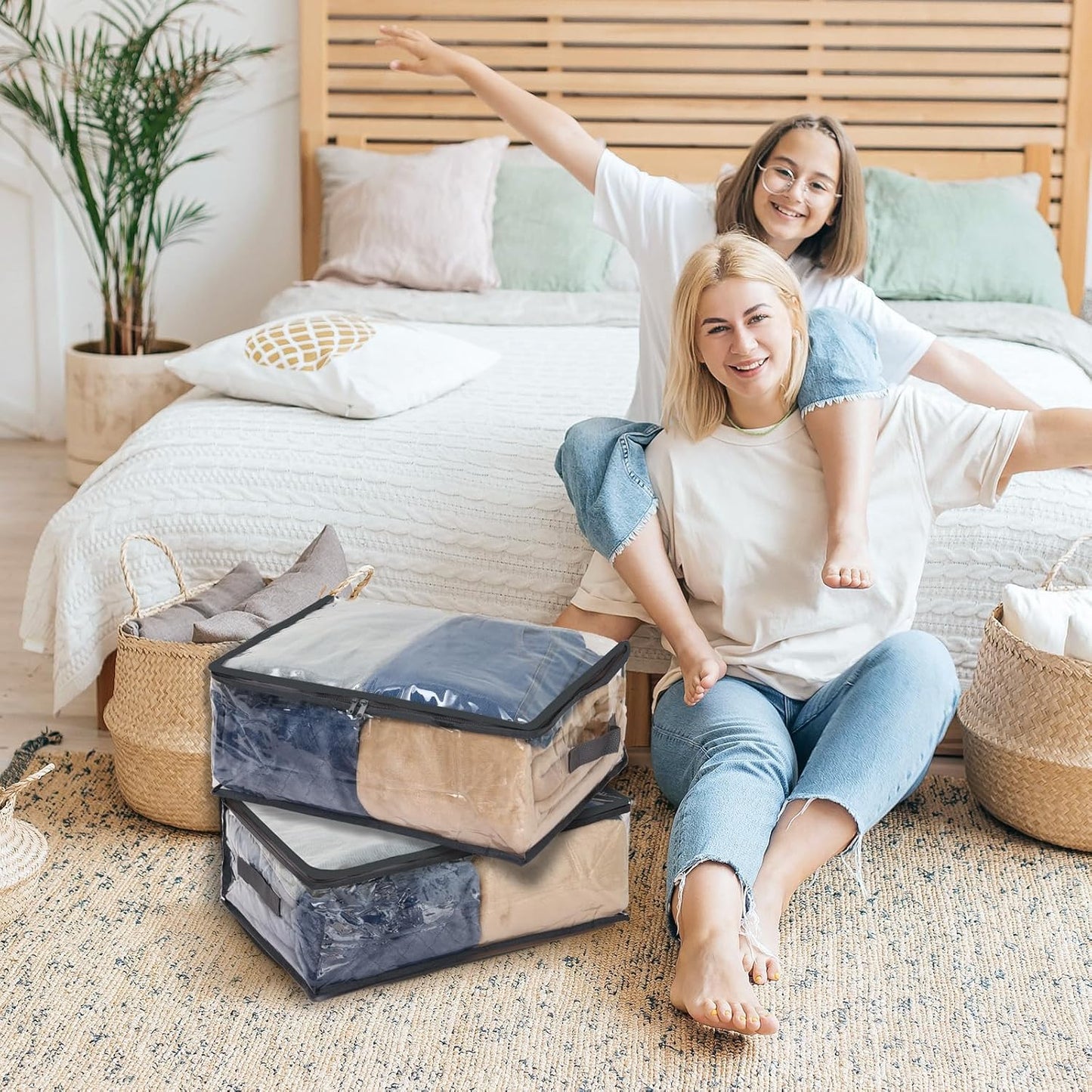 Fixwal 2pcs Small Comforter Storage Bags with Zipper 35L Capacity, Clear Plastic Closet Storage and Organizers for Clothing Sweaters Bedding Blankets